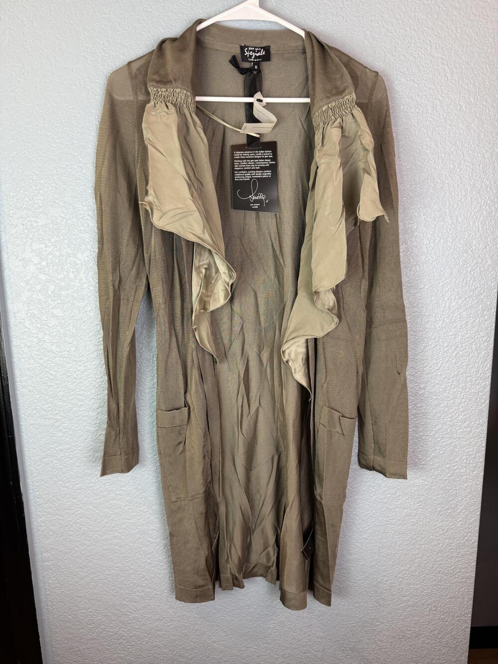Per Una Speziale Cardigan Womens 12 Khaki Made in Italy Silk Blend Sheer Duster